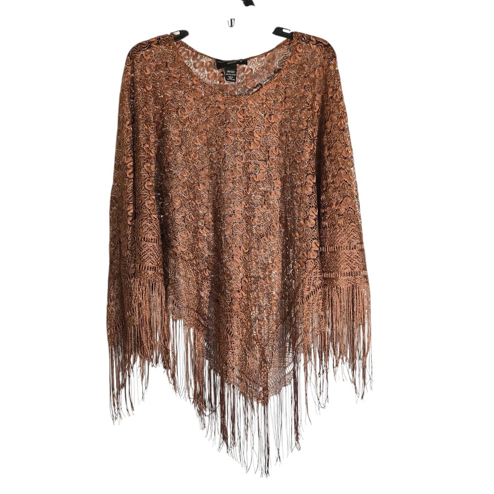 Venezia Metallic Copper Lace Fringe Poncho One Size Boho Shimmer Wrap Brown